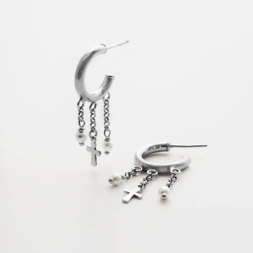 Par de Aros aro cruz cristal blanco en Plata baño rodio de Alea