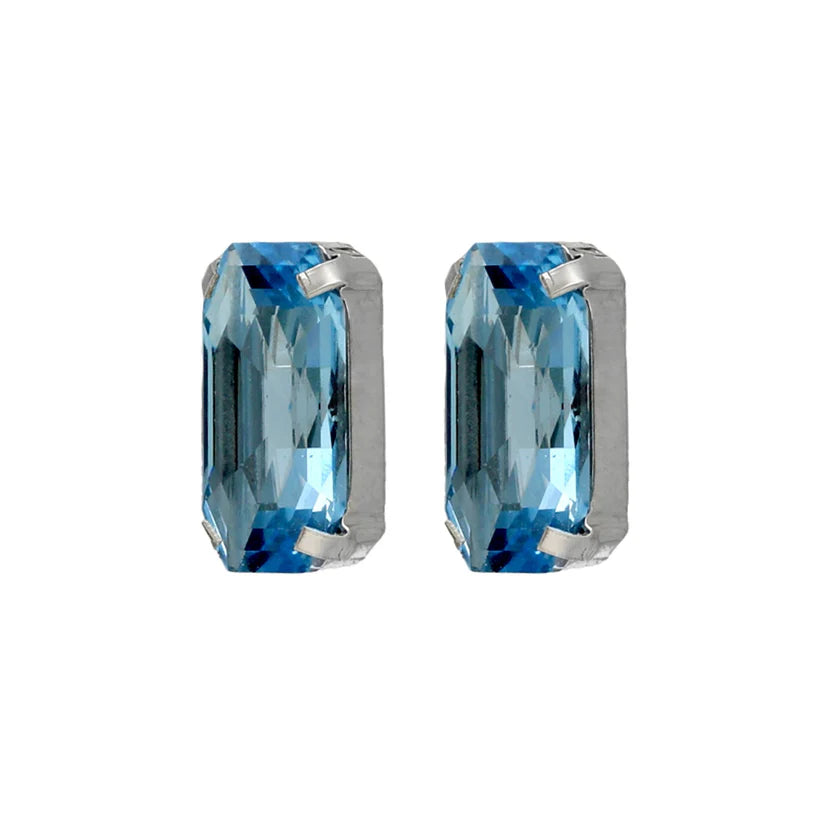 Par de aros botón rectángulo cristal azul en Plata baño rodio de Inspire