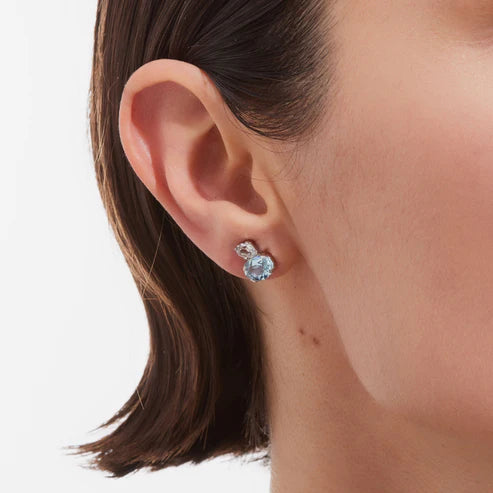 Par de Aros botón cristal azul en Plata baño Rodio de Clarity