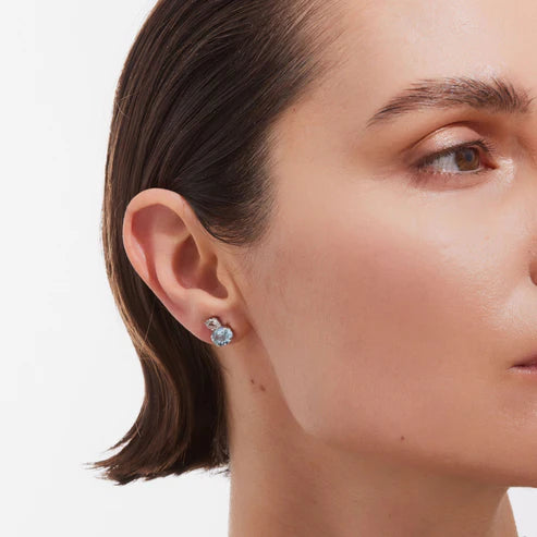 Par de Aros botón cristal azul en Plata baño Rodio de Clarity