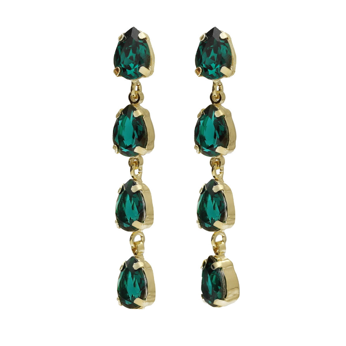 Par de aros largos lágrima color verde bañados en oro