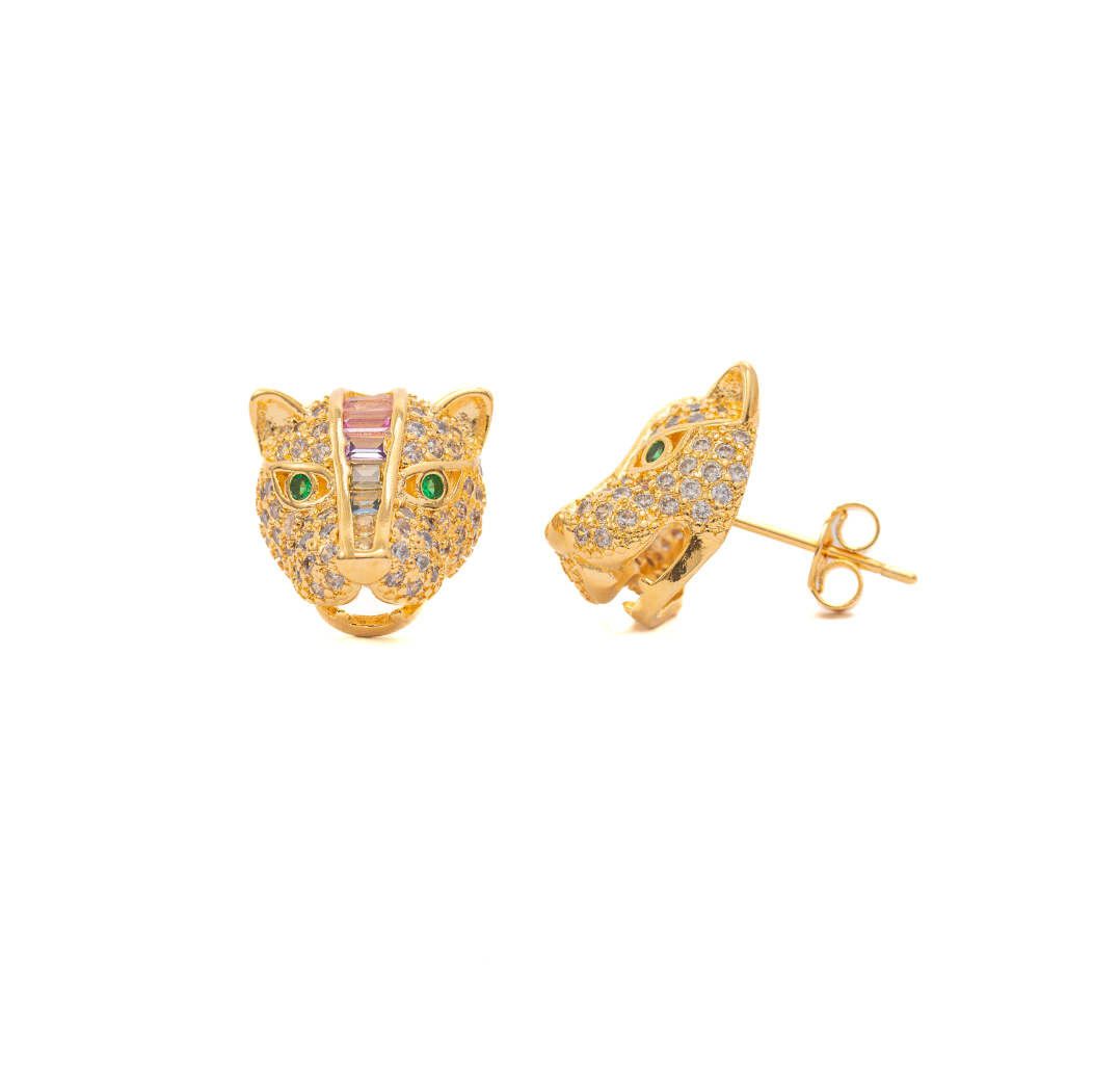 Par de aros cabeza de leopardo con cristales de colores
