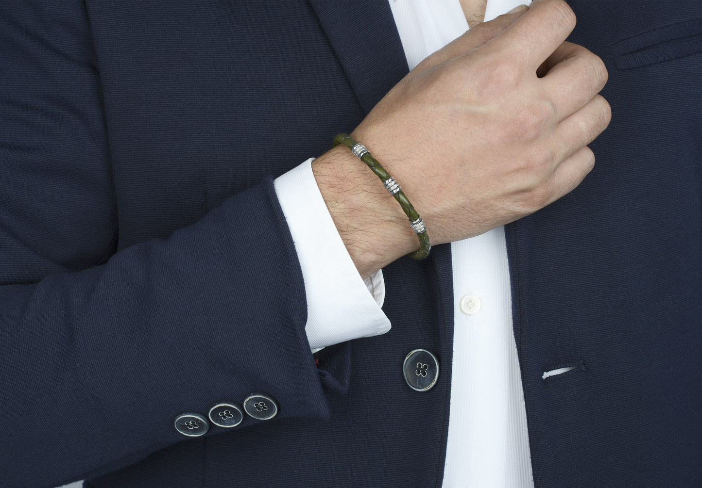 Pulsera de acero con cuero trenzado verde militar y Acero Inoxidable H20n Ho005-4