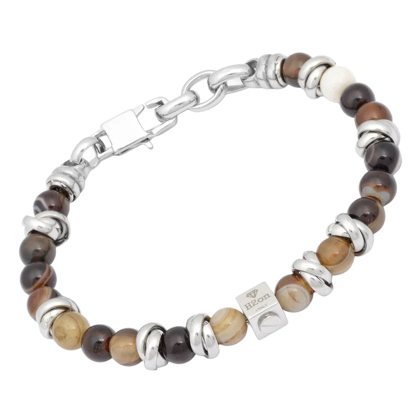 Pulsera de acero con piedras de ágata marrón natural