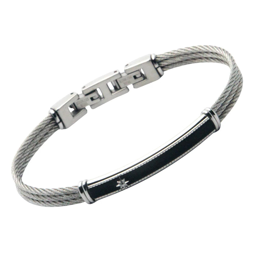 Pulsera de cable de acero con placa PVD negra y estrella polar de acero