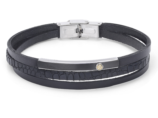 Pulsera cuero placa central de Acero y oro de 18k H2on HO041-5