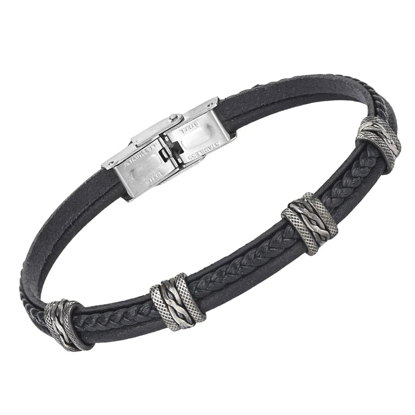 Pulsera de acero y cuero negro tejida con productos semiacabados bruñidos.