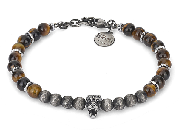 Pulsera de acero con piedras naturales: Ojo de Tigre y Cabeza de Tigre HO058-1