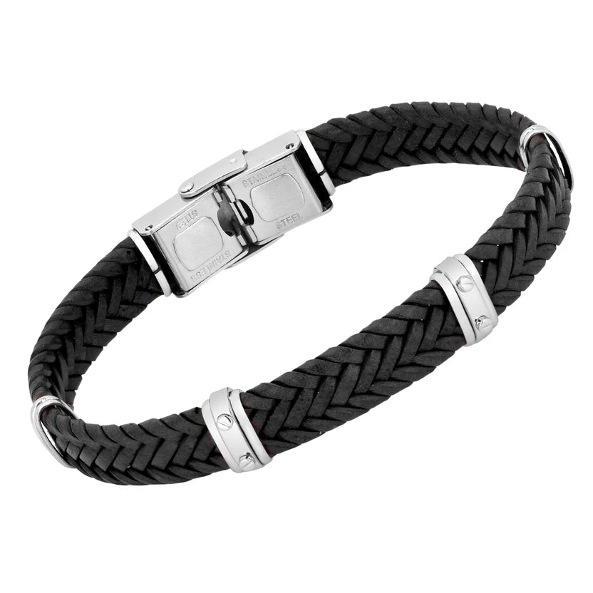 Pulsera ancha de cuero negro trenzado y acero