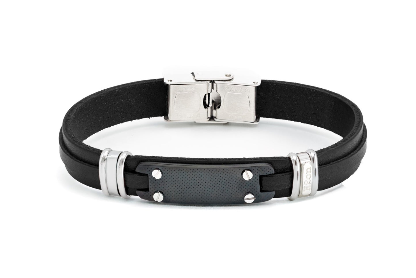Pulsera de acero inoxidable y cuero Negro con placa central de acero PVD y tornillo H2on HO111-12