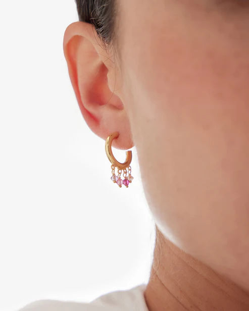 Par de Aros aro 14mm Capri con cristal rosa en Plata baño Oro