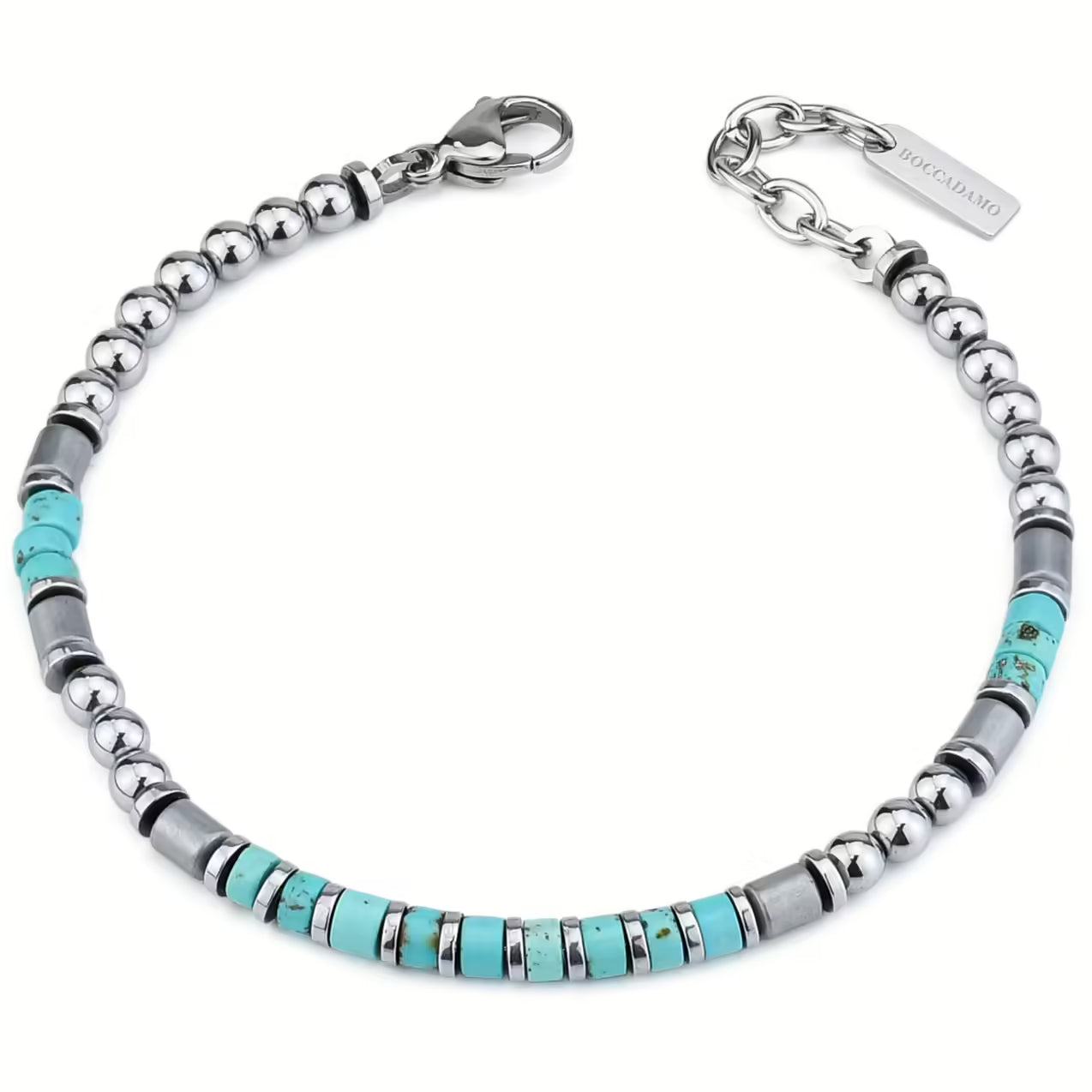 Pulsera de acero rodiado con turquesa y hematita Abr686T