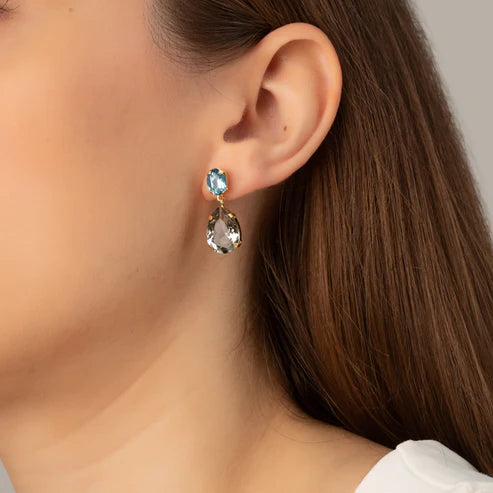 Par de aros largos Louis oval cristal negro en Plata baño Oro