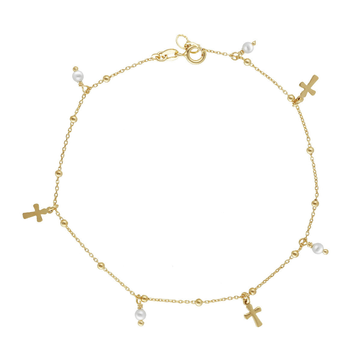 Tobillera perlas y cruces en oro