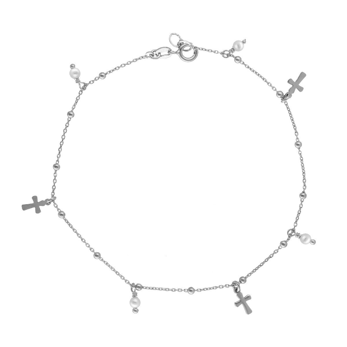 Tobillera perlas y cruces en plata