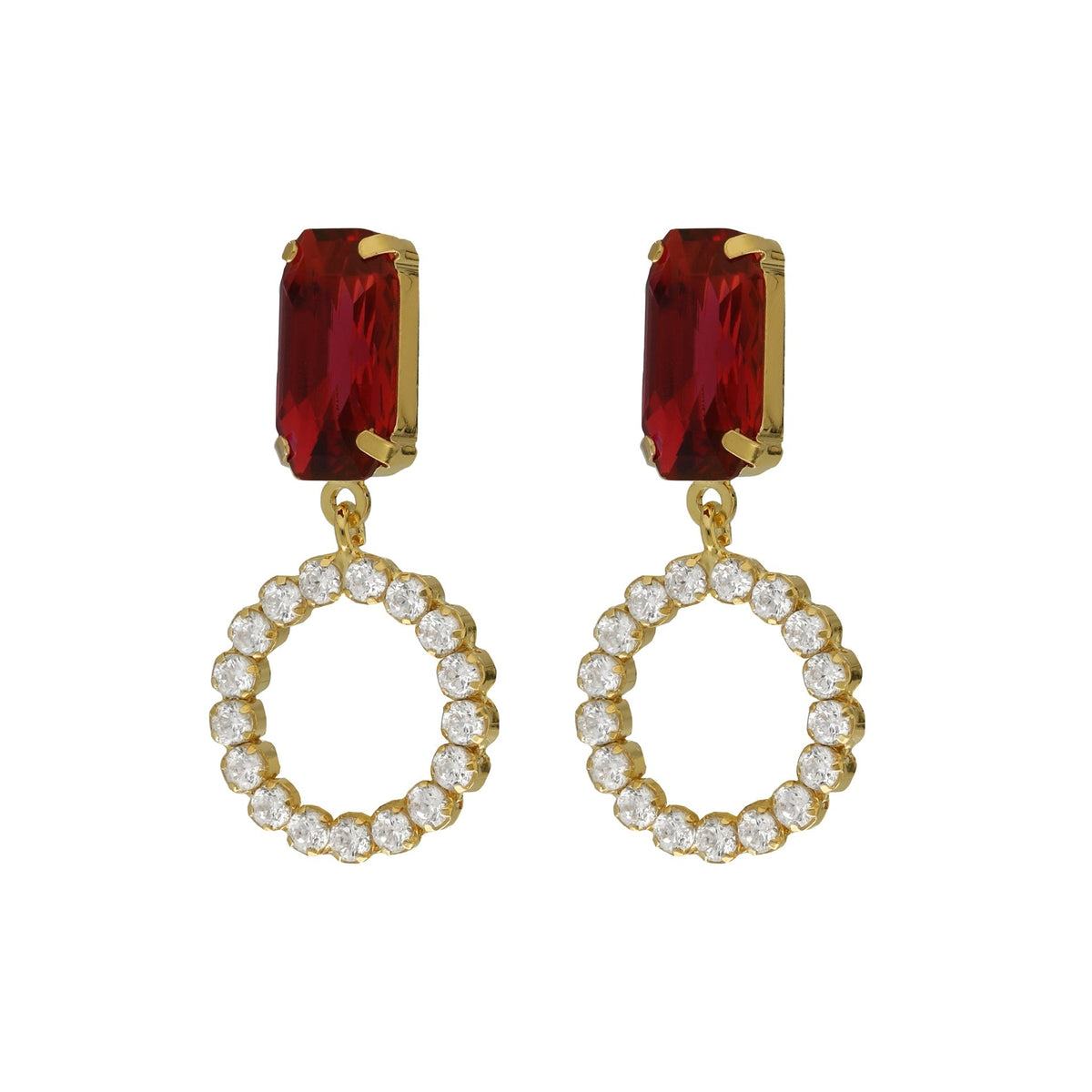 Par de Aros largos Ginger círculo
cristales riviere y cristal rojo en Plata
baño Oro