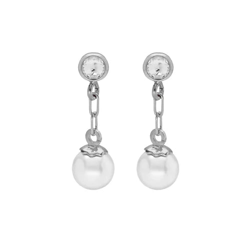 Par de Aros cortos cristales y perlas blanco en Plata de Mother Baño de rodio