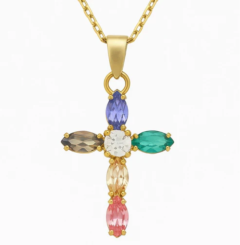 Collar corto Arisa cruz cristal en Plata baño Oro