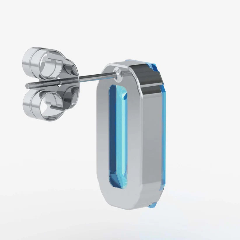 Par de aros botón rectángulo cristal azul en Plata baño rodio de Inspire