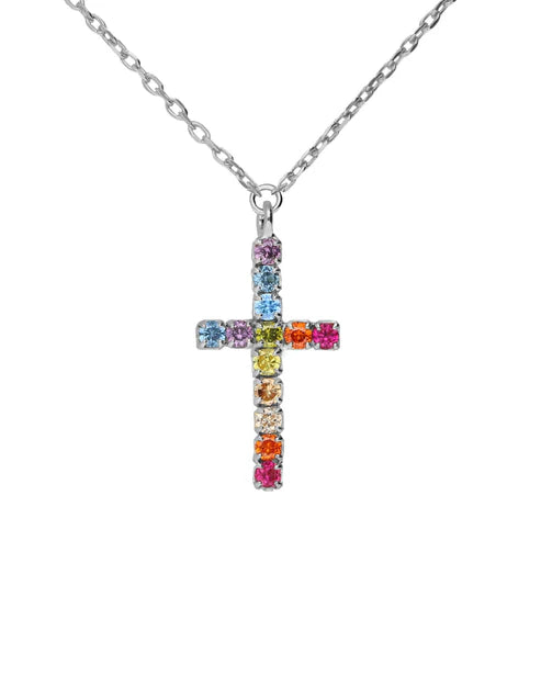 Collar corto cruz Riviera con cristales riviere multicolor en Plata