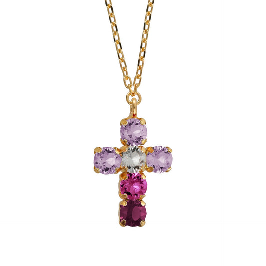 Collar corto Illume cruz cristal rosa en Plata baño Oro