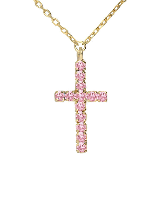 Collar corto Eau cruz con cristales riviere rosa en Plata baño Oro