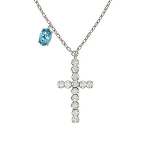Collar corto cruz Bonjour con cristales riviere en Plata baño Rodio