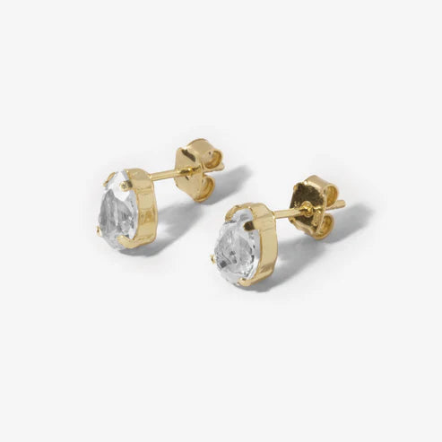 Par de Aros botón cristal blanco en Plata de Eunoia Baño de oro 18k