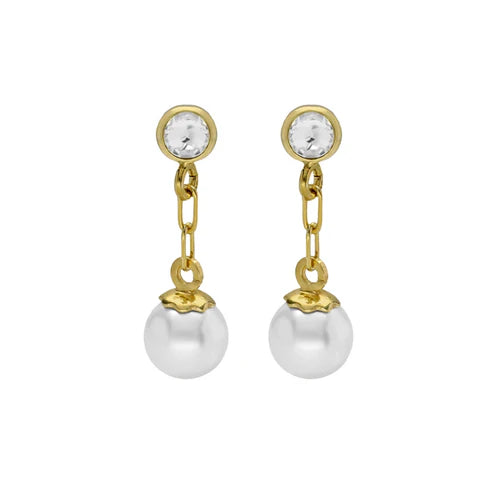 Par de Aros cortos cristales y perlas blanco en Plata de Mother Baño de oro 18k
