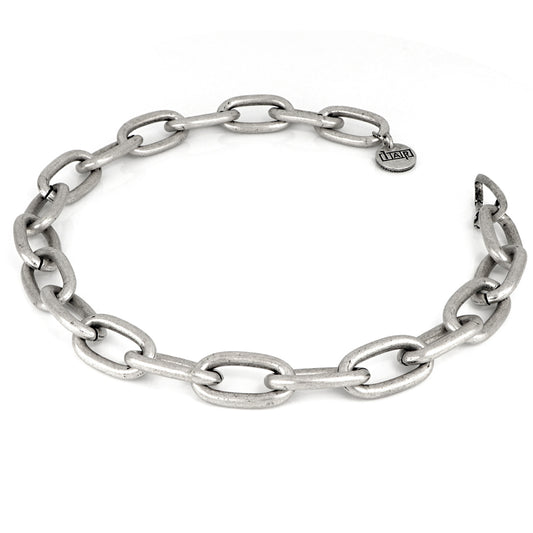 Collar de bronce blanco satinado con cadena tipo cable baño plata