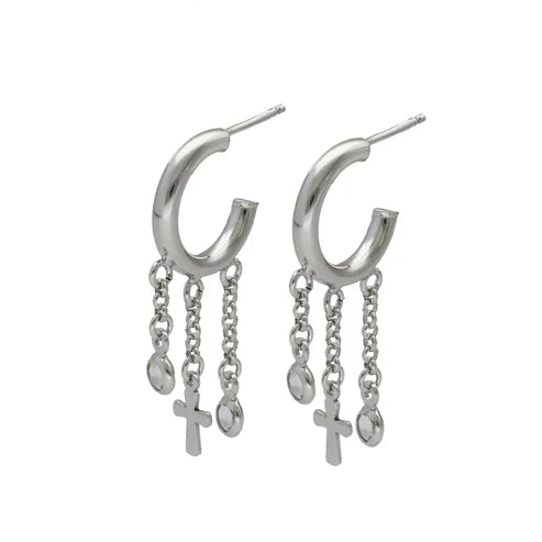 Par de Aros aro cruz cristal blanco en Plata baño rodio de Alea