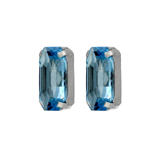 Par de aros botón rectángulo cristal azul en Plata baño rodio de Inspire