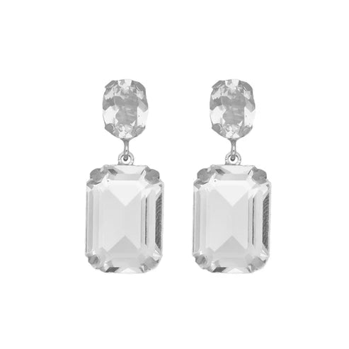 Par de Aros cortos rectángulo cristal blanco en Plata baño rodio de Helena
