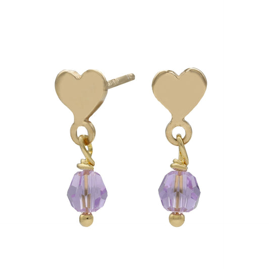 Par de Aros cortos Alice corazón cristal morado en Plata baño Oro