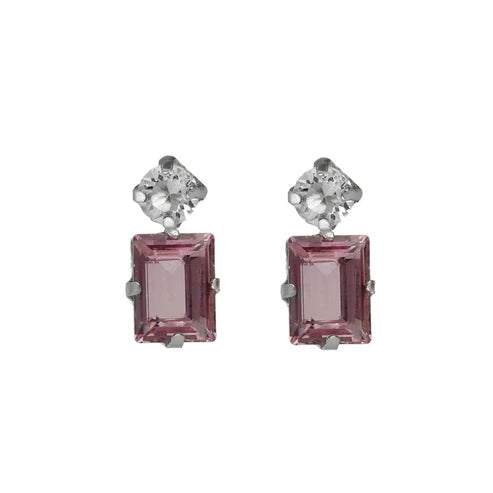 Par de aros botón Colourful rectángulo cristal rosa en Plata baño rodio de Serenity