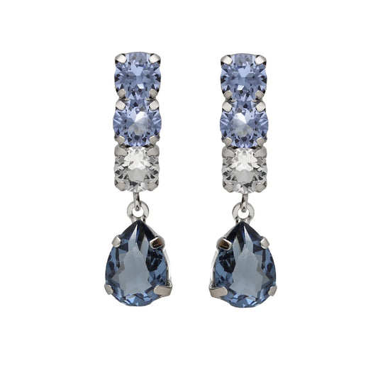 Par de aros largos lágrima cristal azul en Plata baño Rodio de Illume