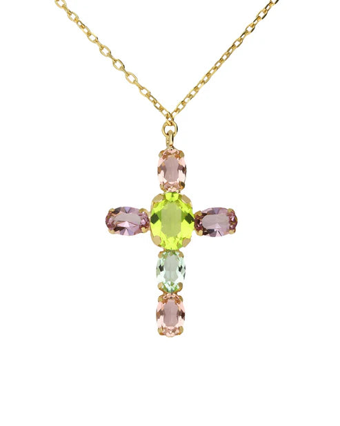 Collar corto cruz Amalfi con cristal multicolor en Plata baño Oro