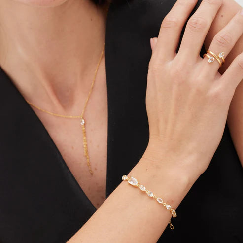 Collar largo cadenas Buenos Días con cristal en Plata Baño de oro 18k