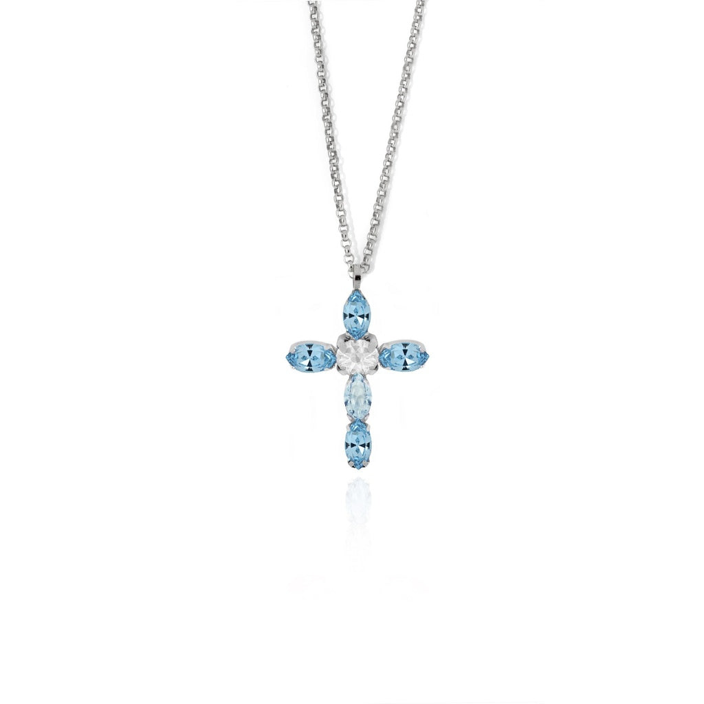 Collar corto Aqua cruz cristal en Plata baño rodio
