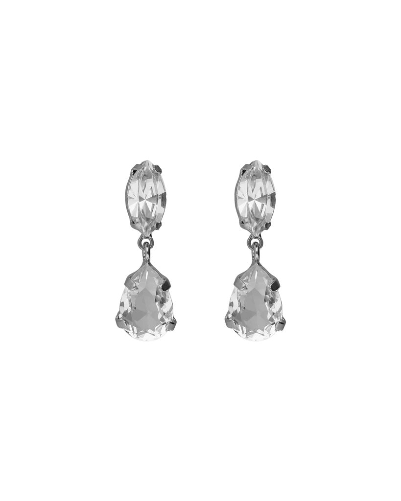 Par de Aros cortos lágrima Lieve con cristal blanco en Plata baño Rodio