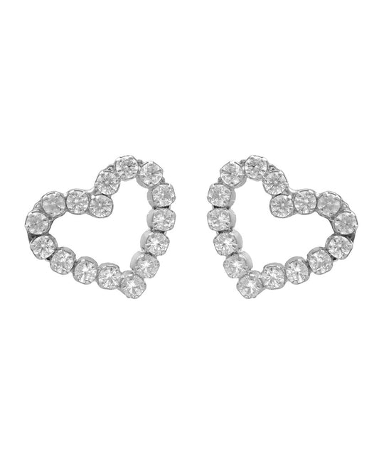 Par de Aro botón Muá corazón con cristales riviere blanco en plata baño rodio