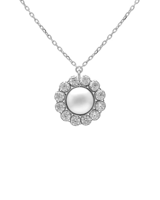 Collar corto Muá rosetón con perla y cristales riviere blanco en plata baño rodio