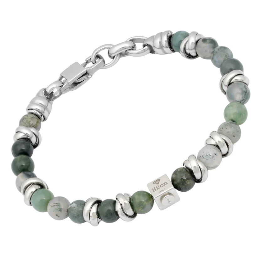 Pulsera de acero con piedras de ágata musgosa natural