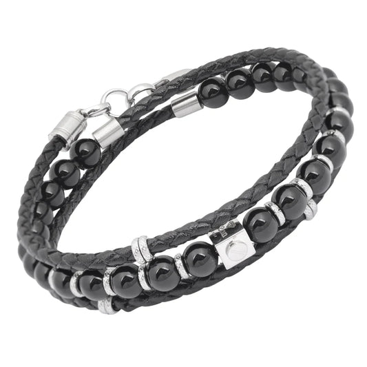 Pulsera de acero con piedras de ónix y doble vuelta de hilo de cuero negro