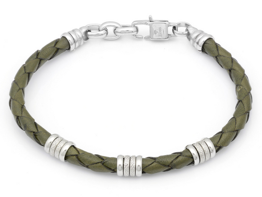 Pulsera de acero con cuero trenzado verde militar  y Acero Inoxidable H20n Ho005-4