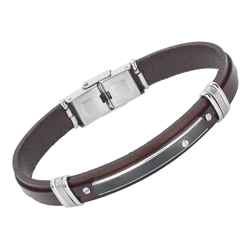 Pulsera de acero y cuero marrón con placa PVD