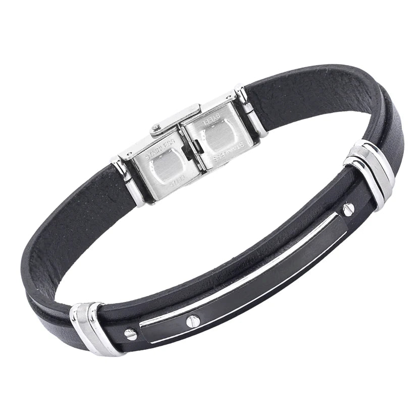 Pulsera de acero y cuero negro con placa PVD