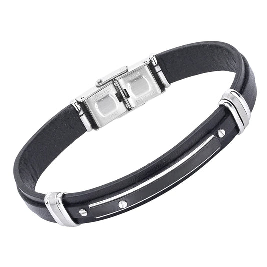 Pulsera de acero y cuero negro con placa PVD