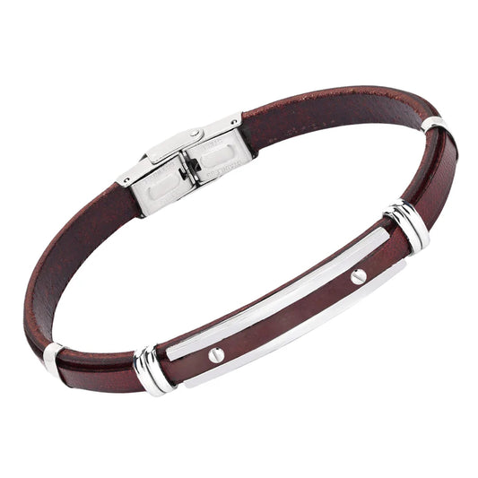Pulsera de acero y cuero marrón con placa central