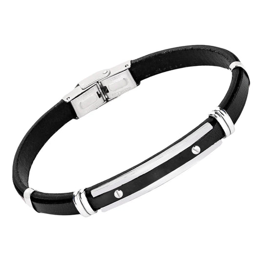 Pulsera de acero y cuero negro con placa central